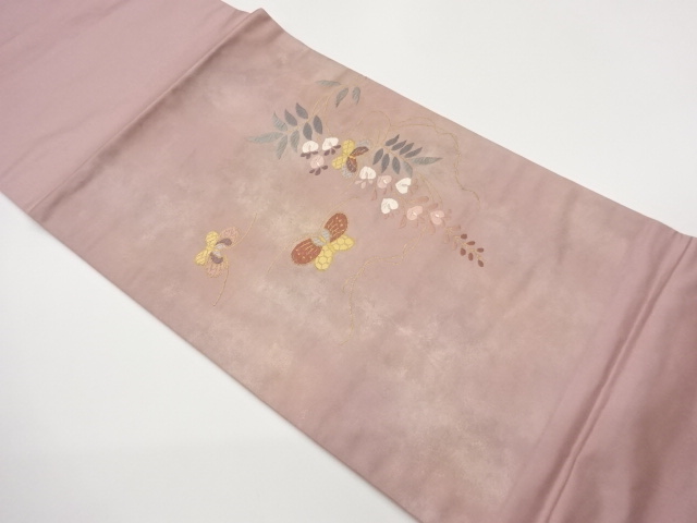 引箔蝶に花葉模様織出し開き名古屋帯（額縁仕立て）